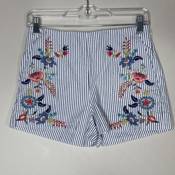 LOFT Blue and White Striped Floral Embroidered Shorts size 00 - Picture 1 of 4